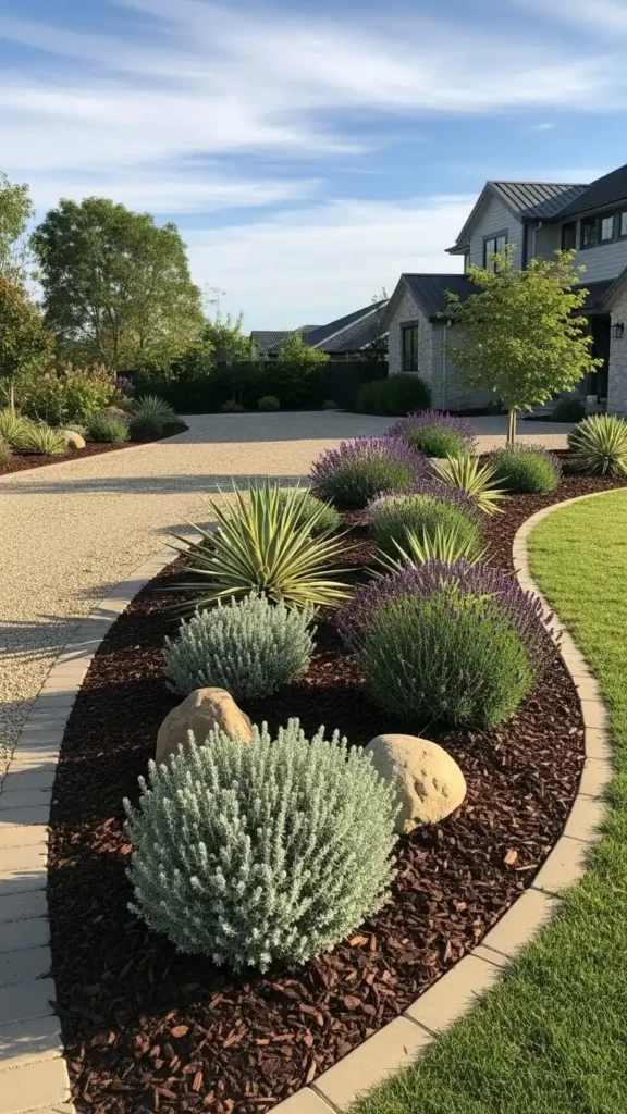 Low-maintenance driveway landscaping with gravel and drought-tolerant plants.