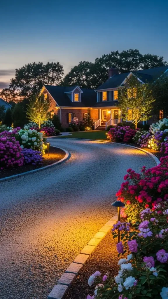 Gravel driveway with stone edging and flowering plants on both sides.