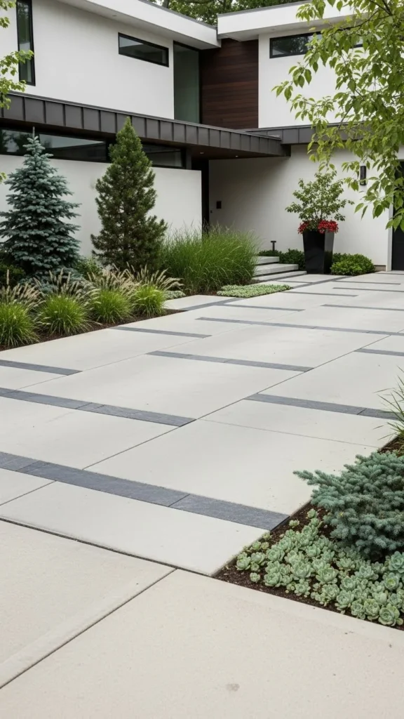 Concrete driveway with pavers and stone accents.