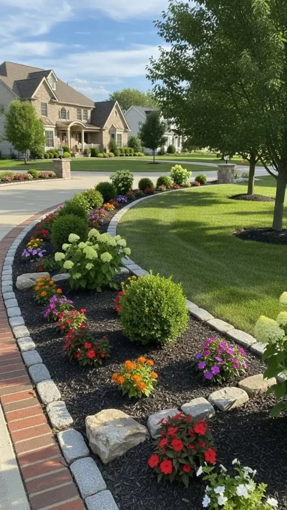 Driveway with decorative borders and edging along plants.
