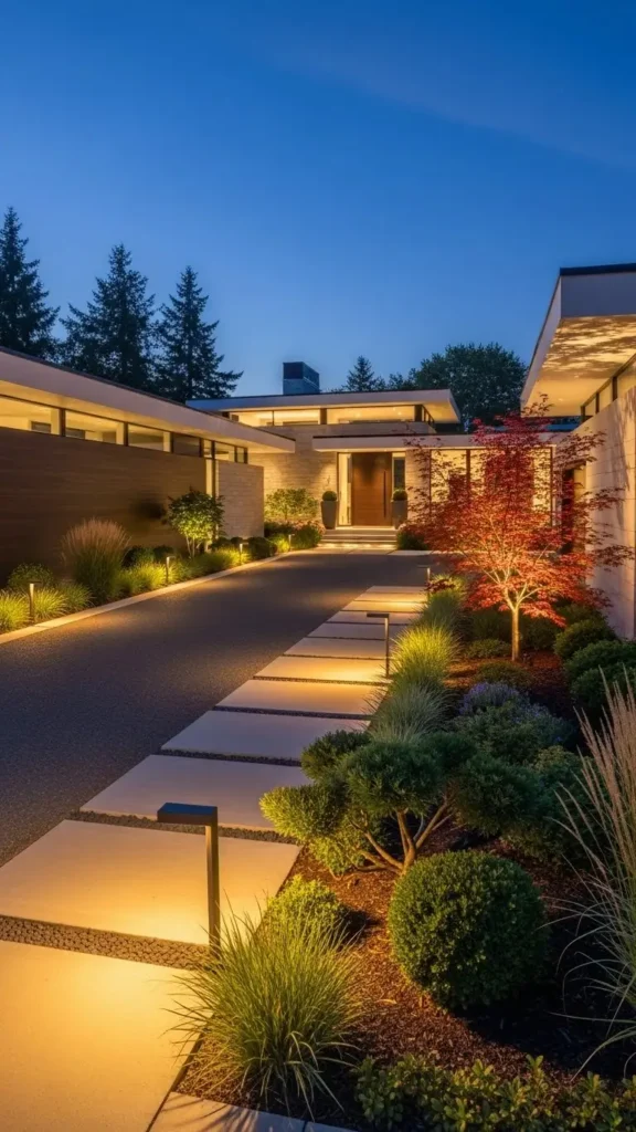 Driveway with pathway lighting and illuminated landscaping in evening.