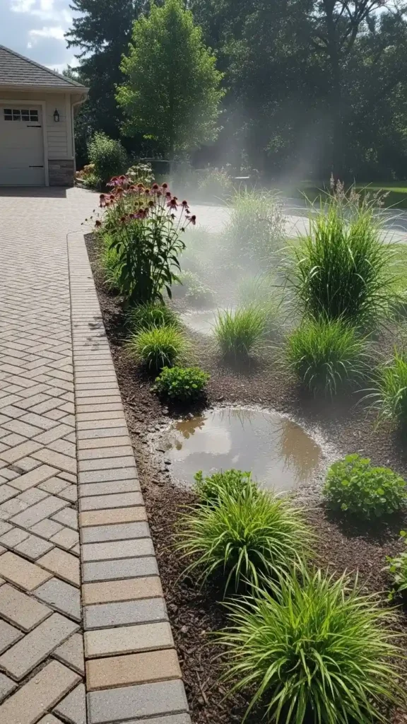 Eco-friendly driveway landscaping with permeable pavers and native plants.