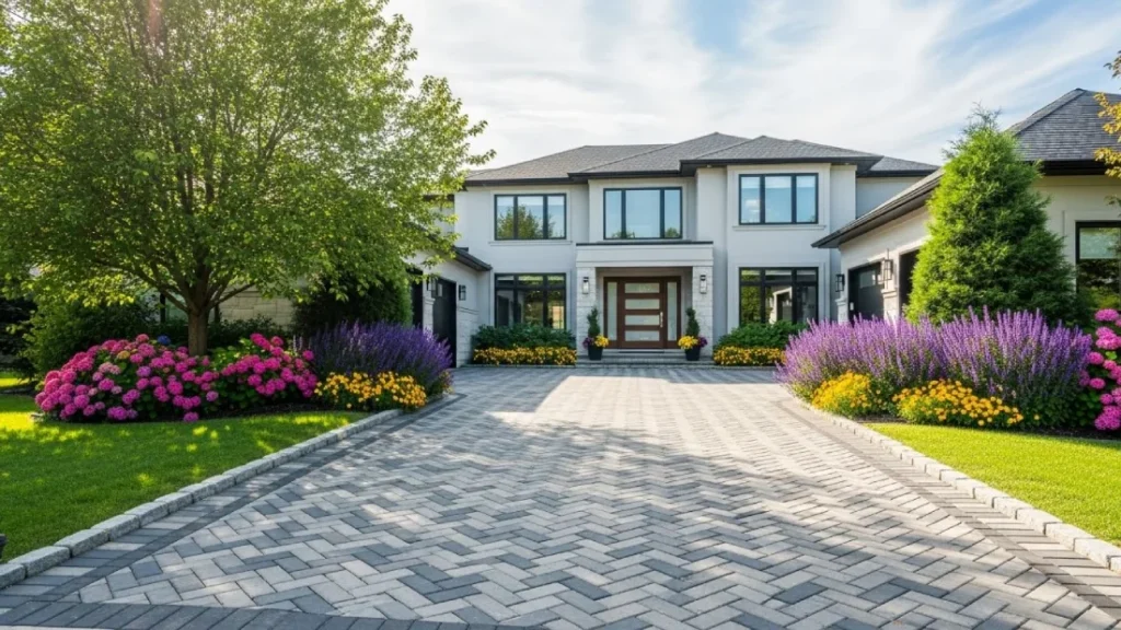 Driveway Landscaping Ideas with lush greenery and stylish modern home exterior.