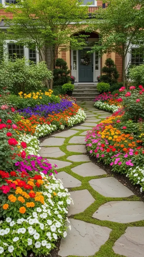 Front Entry Landscaping Ideas with colorful plants and stone pathway