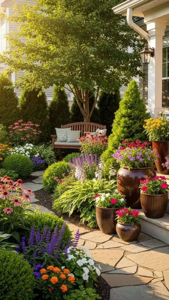 Front Entry Landscaping Ideas with low-maintenance plants and seasonal flowers