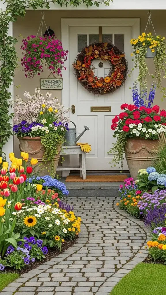 Front Entry Landscaping Ideas with seasonal decorations