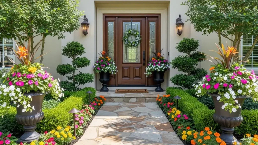 Front Entry Landscaping Ideas with pathway, plants, and outdoor lighting