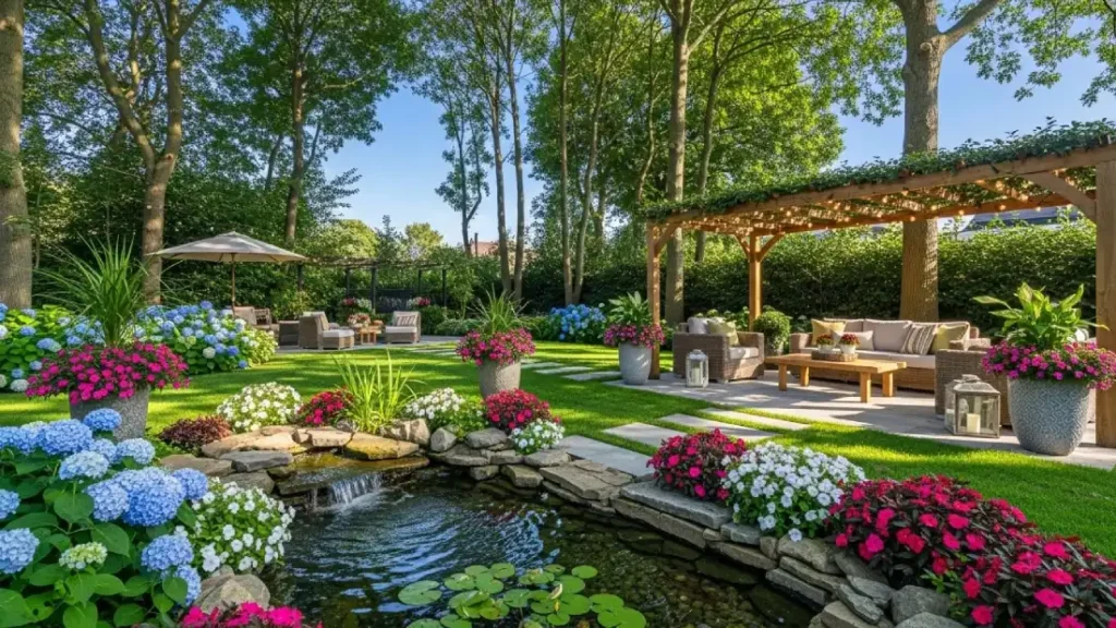 Home Landscaping Ideas backyard garden with pond and patio