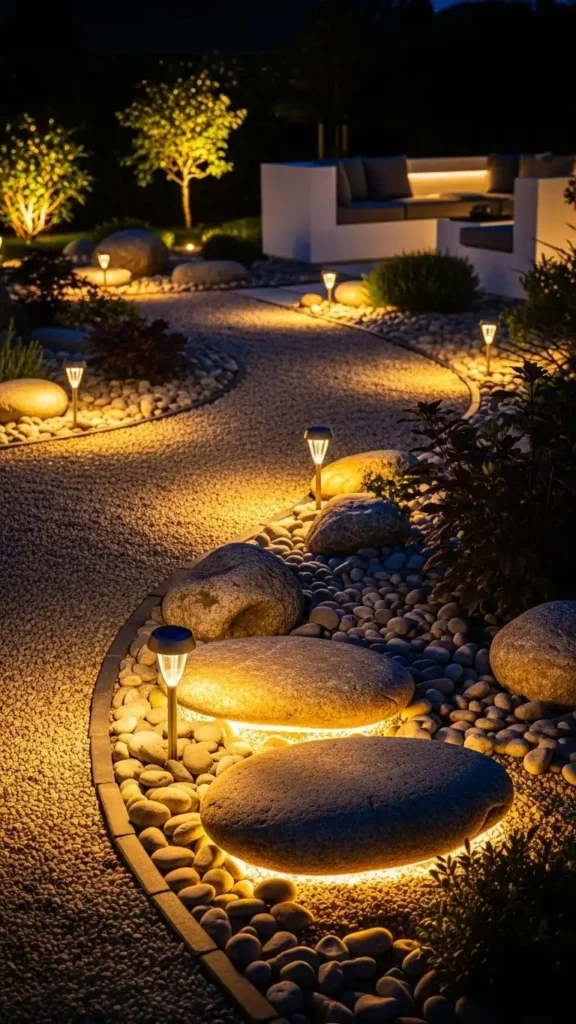 Rock garden lighting at night, solar pathway lights, illuminated stones, warm ambient lighting, modern outdoor space, evening photography