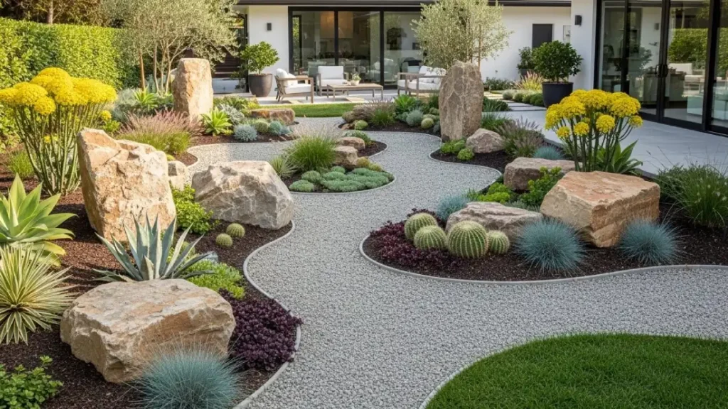 Rock Garden Landscaping Ideas featuring decorative stones, gravel pathways, and drought-tolerant plants
