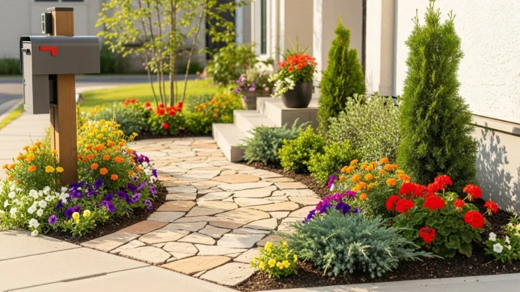 Small Front Yard Landscaping Ideas with charming pathway, compact shrubs, and seasonal flowers