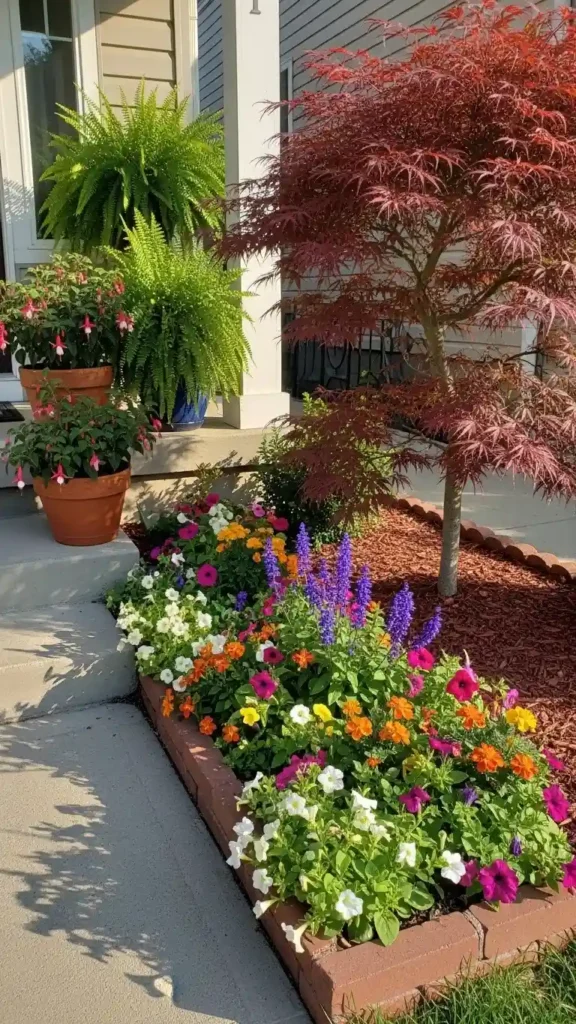 Small Front Yard Landscaping Ideas with raised flower bed and ornamental tree