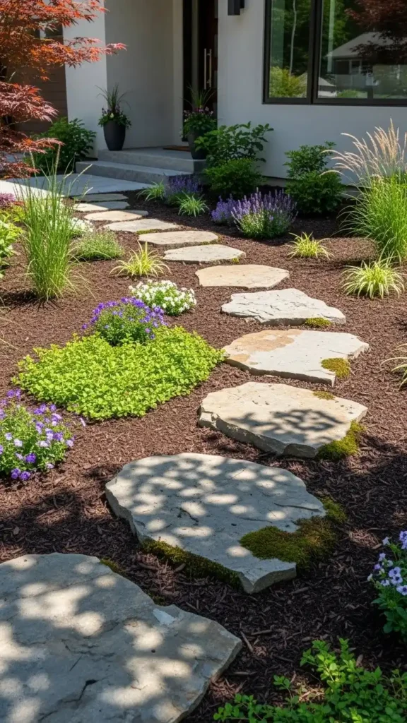 Small Front Yard Landscaping Ideas with curved pathway and stepping stones