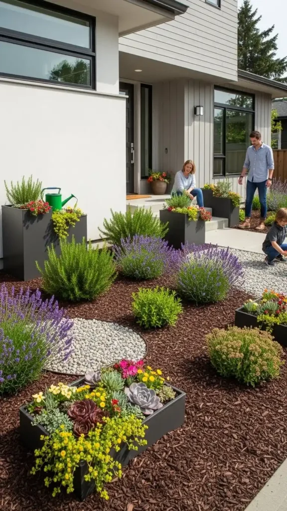 Small Front Yard Landscaping Ideas with low-maintenance plants and mulch