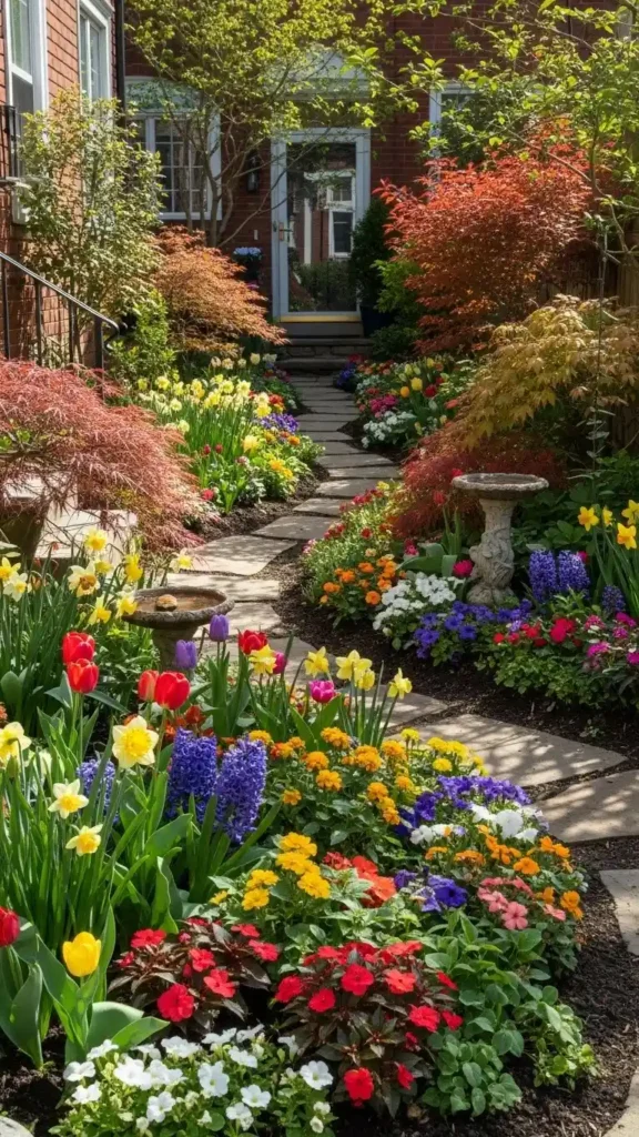 Small Front Yard Landscaping Ideas with seasonal flowers and colorful foliage