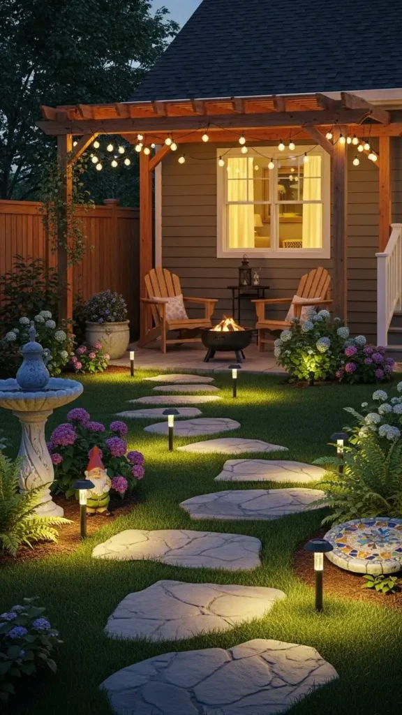 Small Front Yard Landscaping Ideas with pathway lighting and garden accents