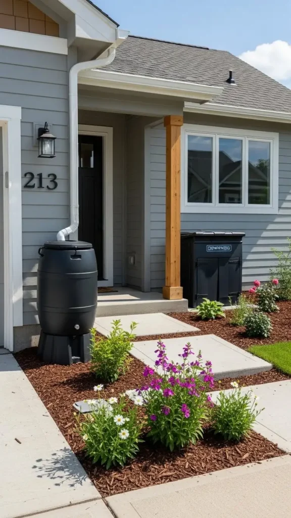 Small Front Yard Landscaping Ideas with eco-friendly plants and rain barrel