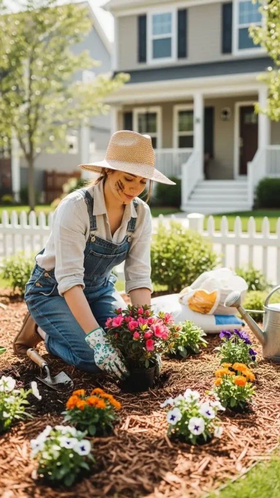 Small Front Yard Landscaping Ideas with DIY planting and mulch setup