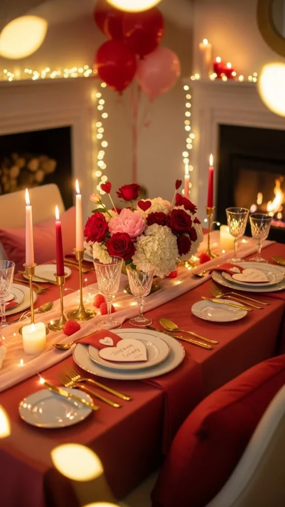 Valentine’s Day Party Ideas For Adults Cozy, intimate dinner setup with heart-shaped decor