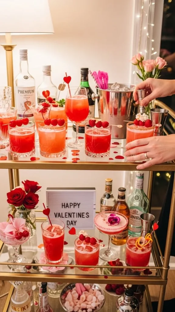 Valentine’s Day Party Ideas For Adults DIY cocktail station with romantic drinks