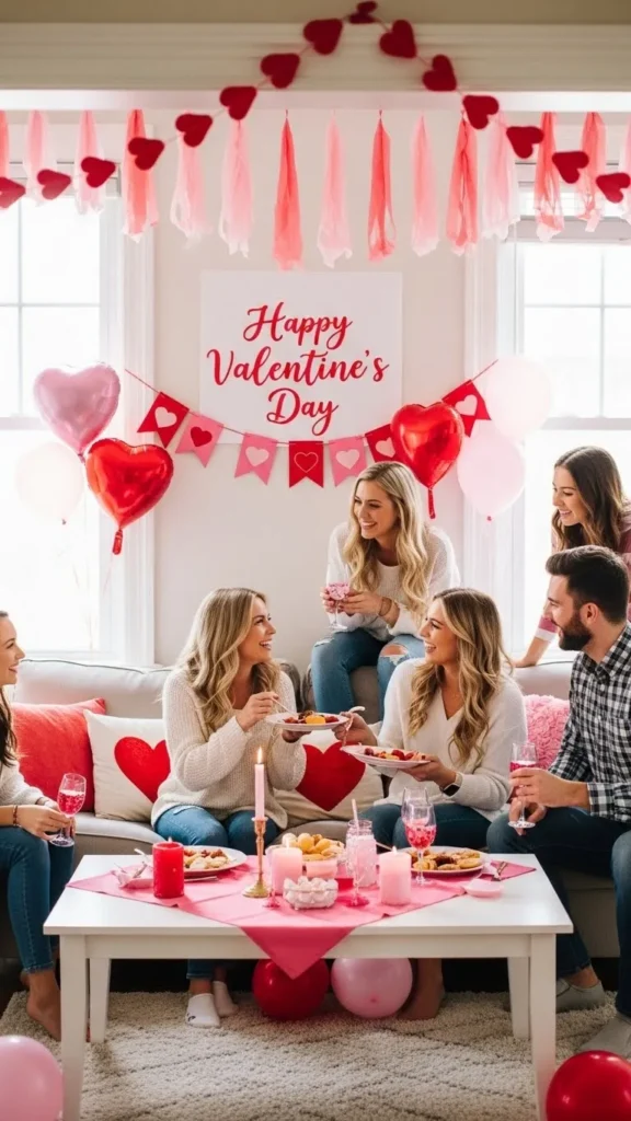 Valentine’s Day Party Ideas For Adults Friends enjoying Valentine’s brunch and DIY crafts
