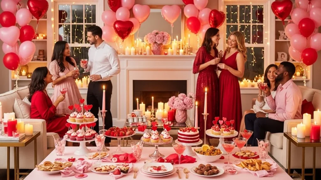 Valentine’s Day Party Ideas For Adults Elegant cozy party setup with desserts, drinks, and heart-themed decor