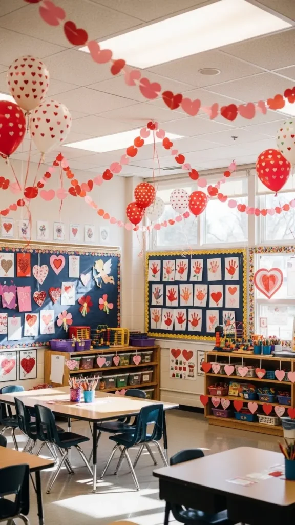 Preschool Valentine’s Day Party decorations in classroom