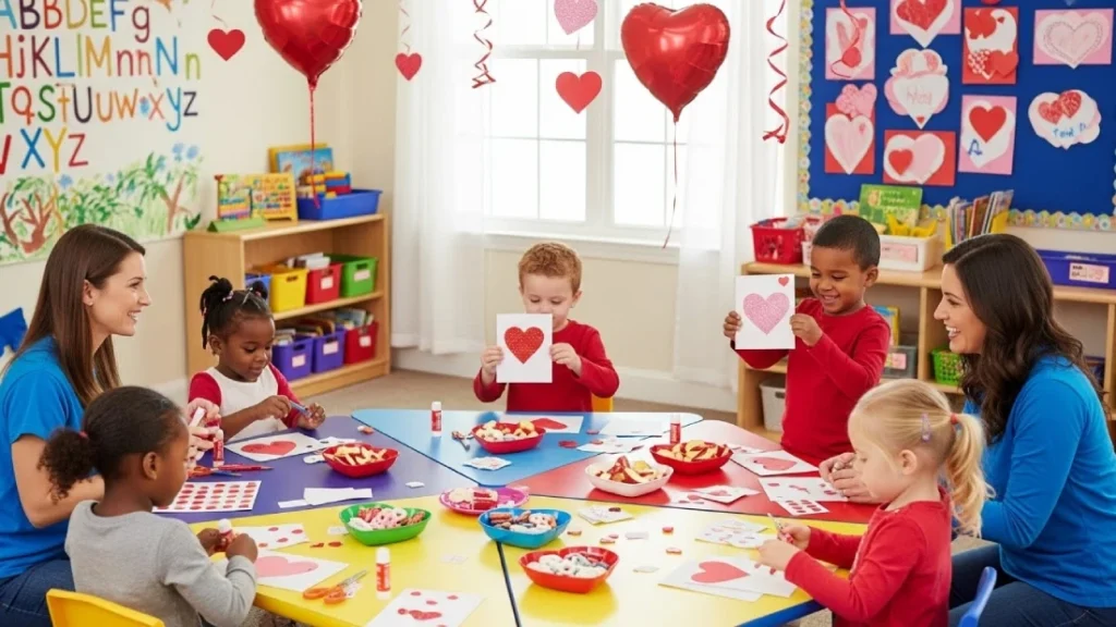 Valentine’s Day Party Ideas For Preschools classroom with heart-themed crafts and decorations