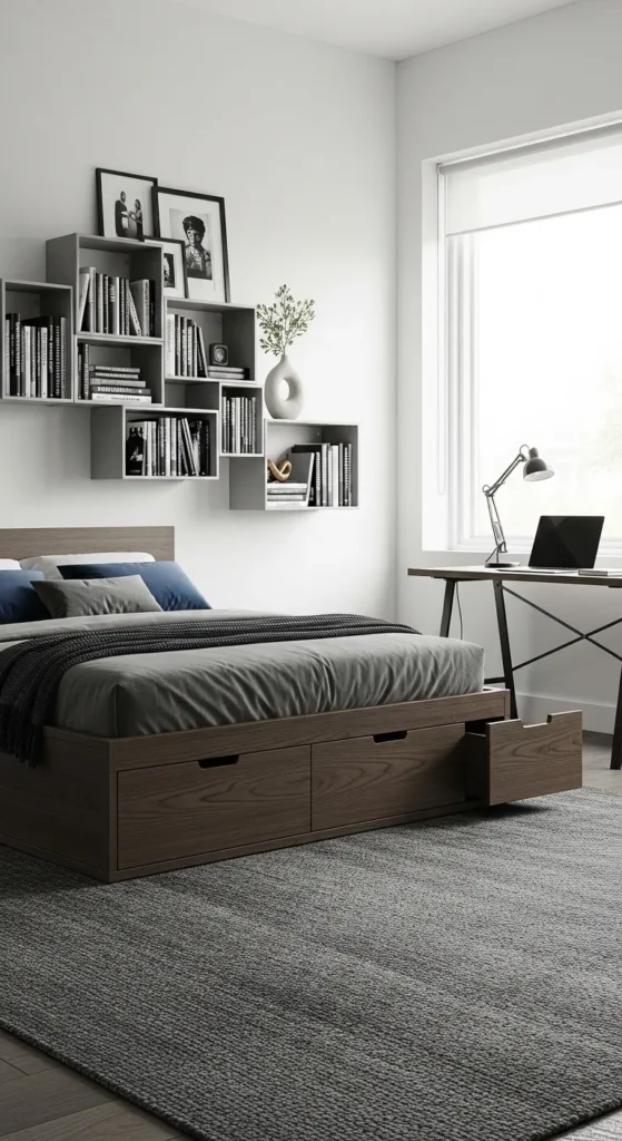 Organized masculine bedroom with storage