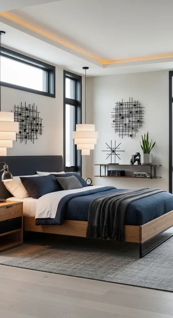 Contemporary masculine bedroom with wood and black accents