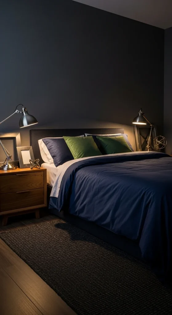 Masculine bedroom color scheme with charcoal and navy