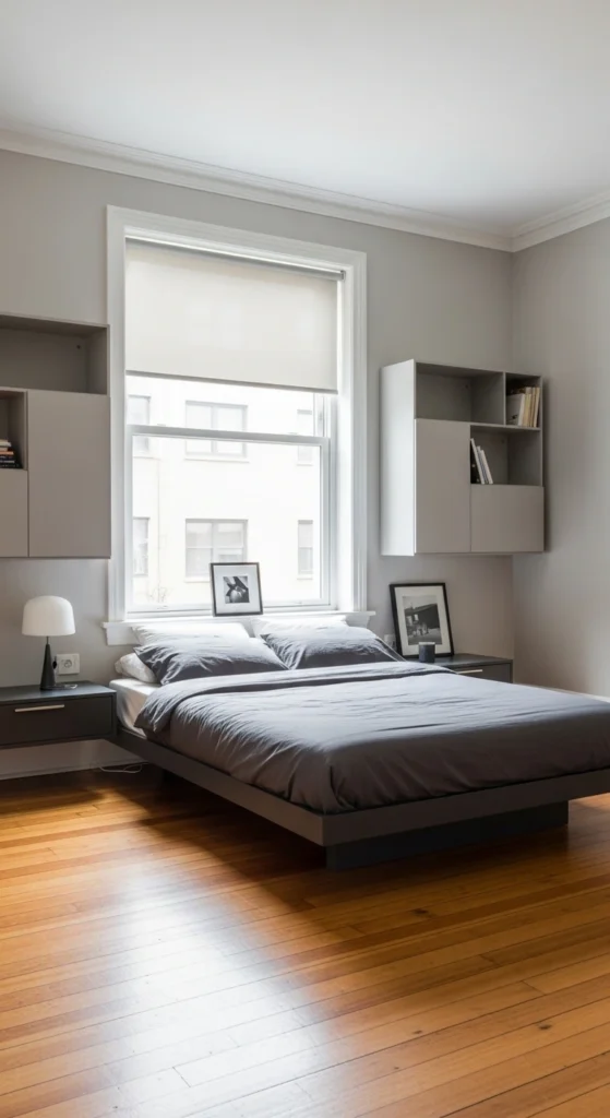 Functional bedroom layout with platform bed and storage