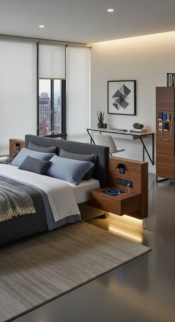 Modern bedroom with smart technology features