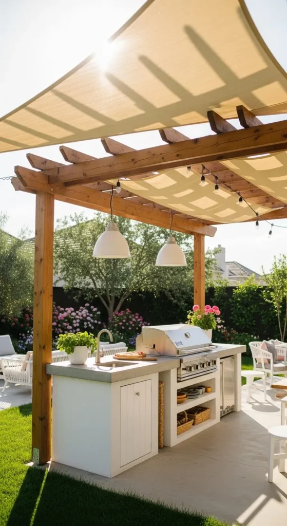 Cheap Outdoor Kitchen Ideas with simple roofing and shade