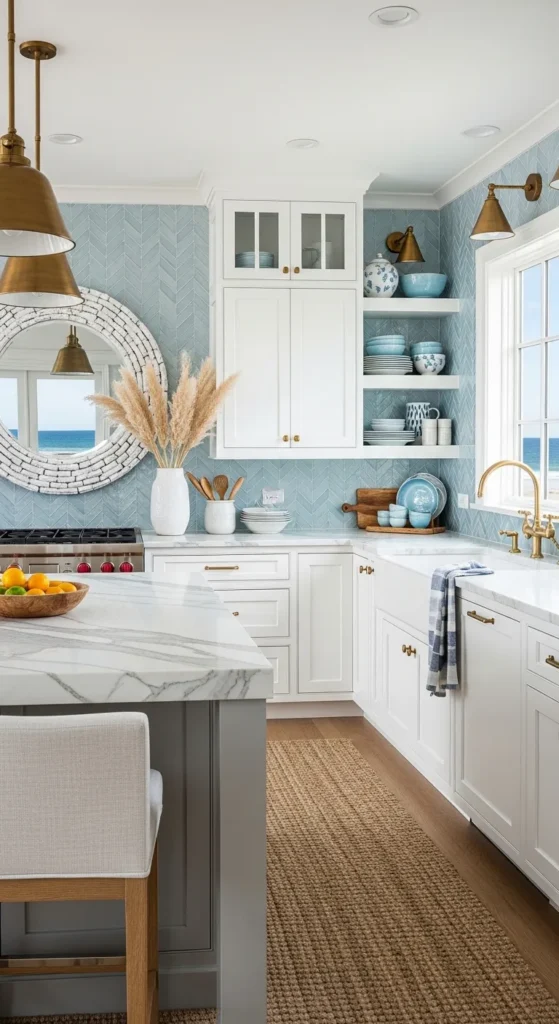 Coastal Kitchen Ideas with white cabinets, marble countertops, and brass hardware
