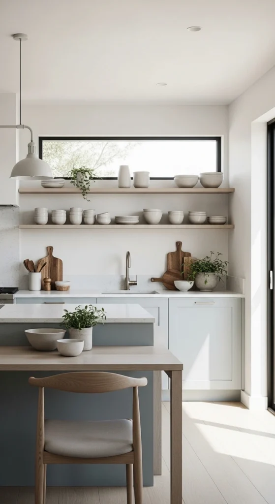 Modern Coastal Kitchen Ideas featuring minimalistic design and muted coastal colors