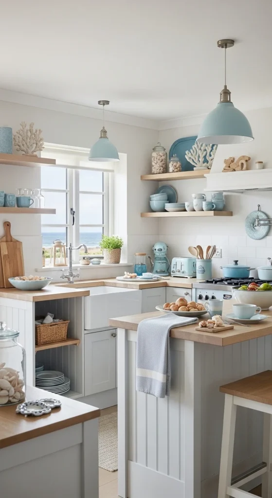 Small Coastal Kitchen Ideas that maximize space with light colors and open shelving