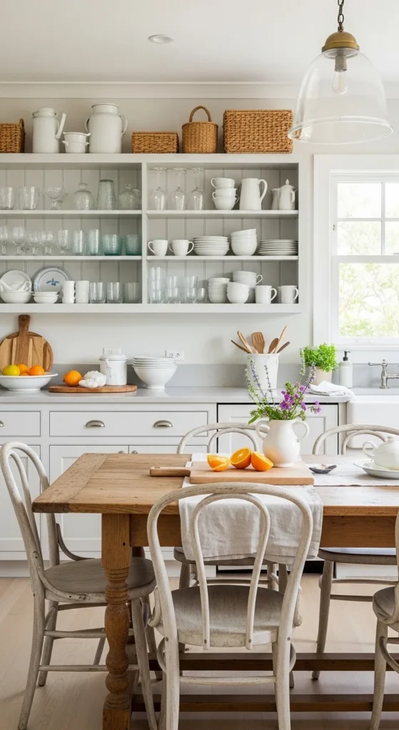 Coastal Kitchen Ideas with open shelving styled with ceramics and glassware
