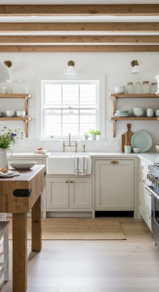 Coastal Kitchen Ideas in farmhouse style with shaker cabinets and natural wood accents
