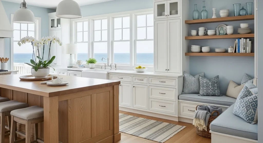 Coastal Kitchen Ideas featuring white cabinets, wooden island, and bright, airy design