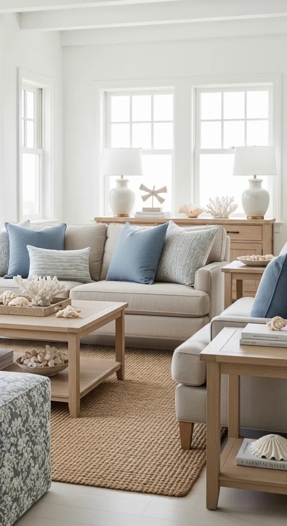 Coastal living room ideas using a soft neutral color palette