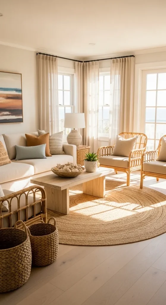 Coastal living room ideas with natural materials and textures