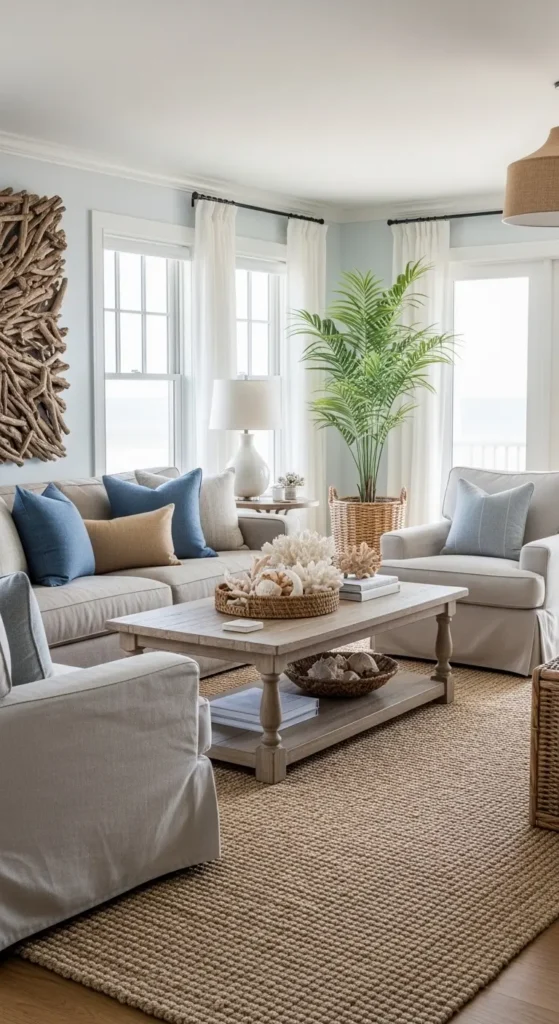 Coastal living room ideas with relaxed and comfortable furniture