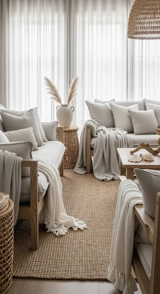 Coastal living room ideas with cozy textiles and layers