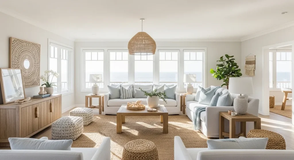 Coastal living room ideas with light colors, natural textures, and airy decor