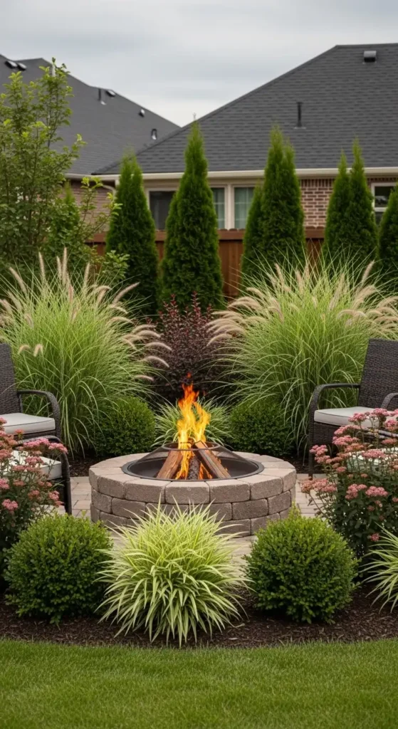 Fire pit landscaping ideas with plants and greenery
