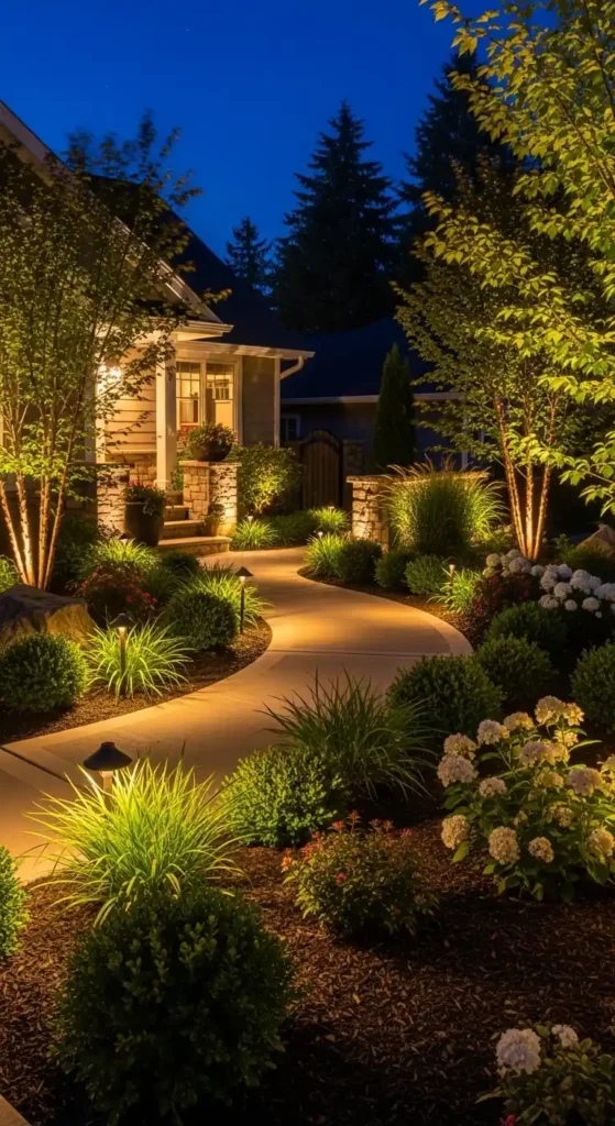 Front of home landscaping ideas with outdoor lighting
