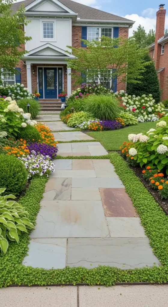 Front of home landscaping ideas with walkway and pathway