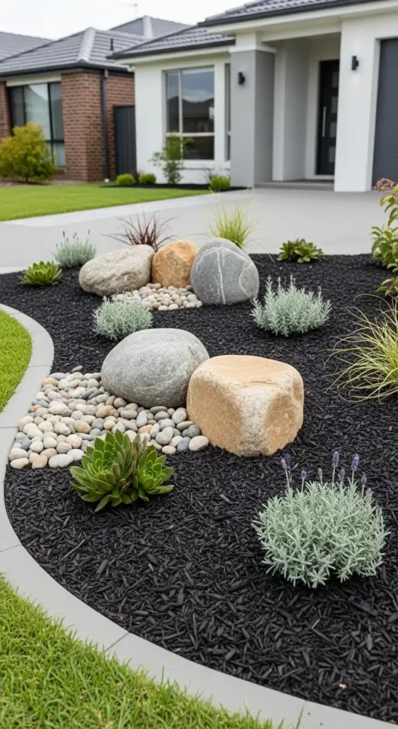 Front of home landscaping ideas with rocks and mulch