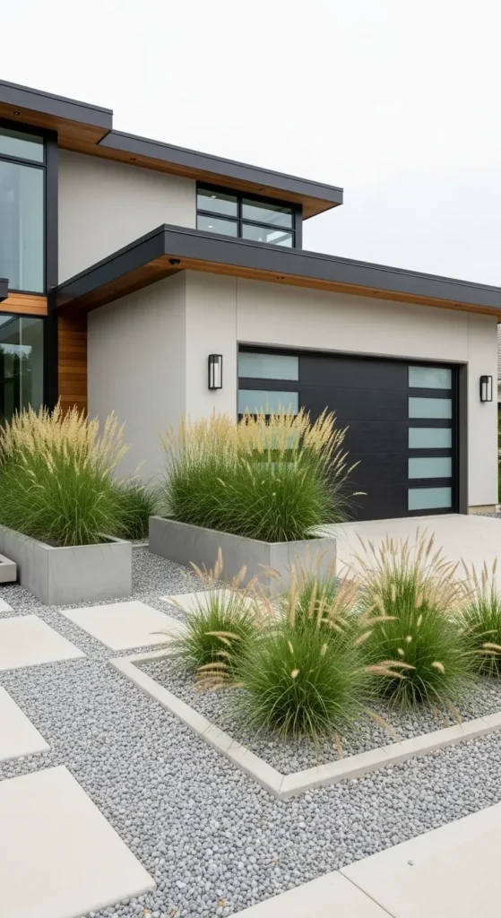 modern garage landscaping ideas with clean lines and plants